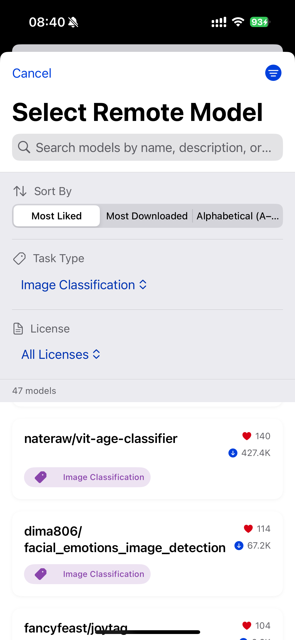 HuggingFace model list with search filters