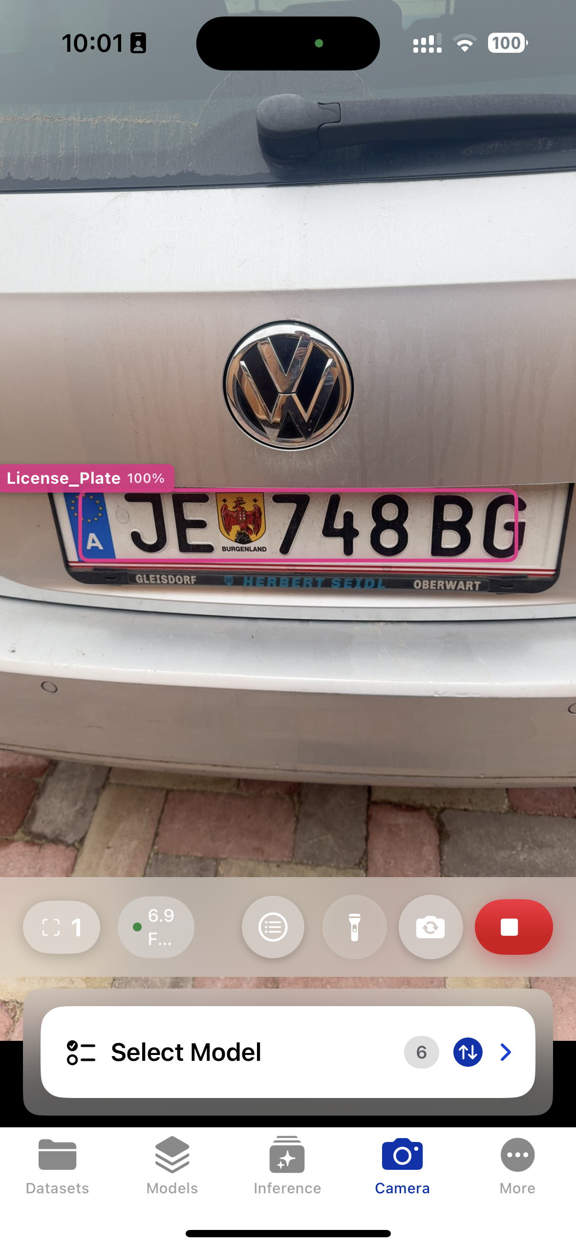 Live camera object detection view with bounding boxes